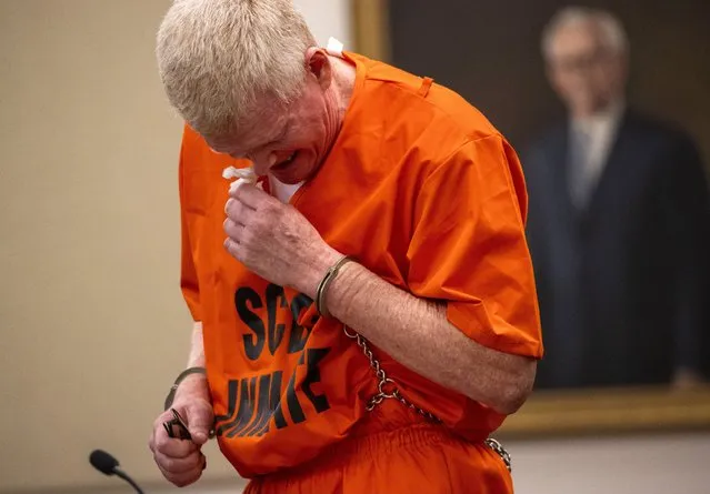 Alex Murdaugh cries as he addresses the court during his sentencing for stealing from 18 clients, Tuesday, November 28, 2023, at the Beaufort County Courthouse in Beaufort, S.C. (Photo by Andrew J. Whitaker/The Post And Courier via AP Photo, Pool)
