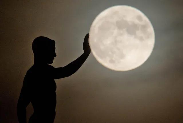 A sculpture is silhouetted against the full moon in Hanover, central Germany, on December 16, 2013. (Photo by Julian Stratenschulte/AFP Photo)