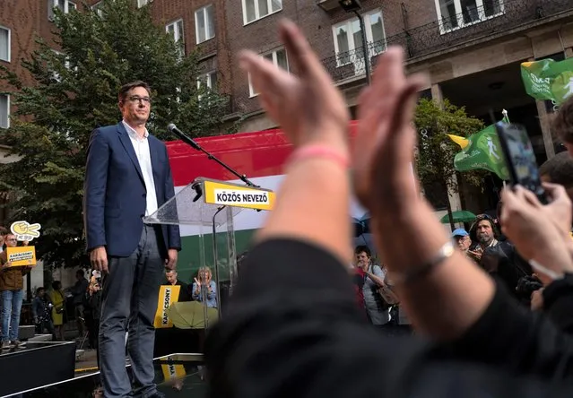 Budapest mayor Gergely Karacsony, one of the frontrunners in a race to unseat Hungary's Prime Minister Viktor Orban holding a campaign event in Budapestt, Hungary on September 17, 2021. The rally marked the start of a primary election that will choose a joint opposition candidate to face off with Hungary's hardline leader in polls next year. (Photo by Bela Szandelszky/AP Photo)