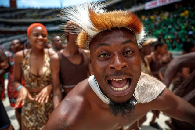 Performers wearing traditional Zulu attire take part in the parade during the 112th African National Congress (ANC) Anniversary rally in Mbombela on January 13, 2024. (Photo by Phill Magakoe/AFP Photo)