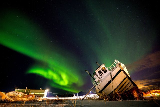 Northern Lights, also called Aurora Borealis, illuminate the night sky over a boat on the shore in Sommaroy, Norway on November 19, 2023. (Photo by Lisi Niesner/Reuters)