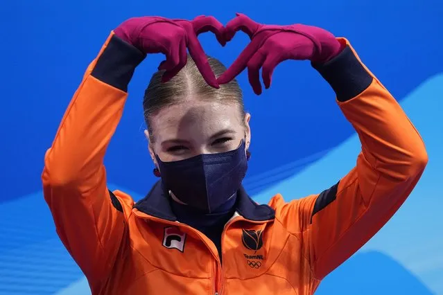 Lindsay van Zundert, of the Netherlands, reacts after competing in the women's free skate program during the figure skating competition at the 2022 Winter Olympics, Thursday, February 17, 2022, in Beijing. (Photo by David J. Phillip/AP Photo)