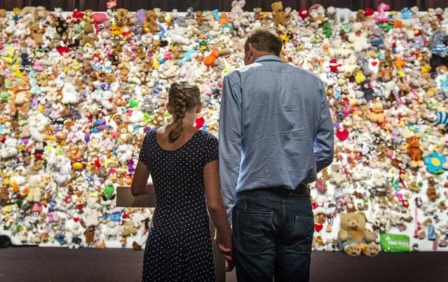 Family members and friends of victims gather in front of a “hedge of compassion”, made of thousands of soft toys, during a commemoration ceremony for the victims of Malaysia Airlines flight MH17 in Nieuwegein, near the central city of Utrecht, the Netherlands July 17, 2015. (Photo by Michael Kooren/Reuters)
