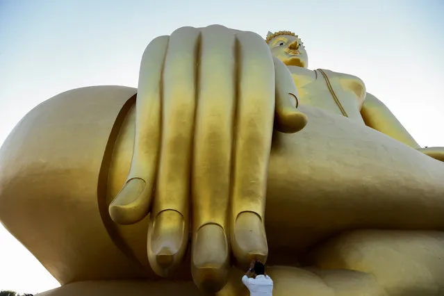 A man prays while touching the fingers of a Buddha statue during the annual Makha Bucha Day, which celebrates Buddha's teachings, in Ang Thong, Thailand February 11, 2017. (Photo by Jorge Silva/Reuters)