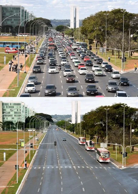 This combo shows the Esplanade of Ministry in Brasilia, Brazil, two hours before the start of the match between Brazil and Mexico (top) and in the beginning of the match, on June 17, 2014. Brazil faces Mexico for group A of the FIFA World Cup 2014 at Castelao Arena in Fortaleza. (Photo by Evaristo Sa/AFP Photo)