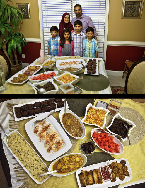 This combination of two photos taken on Wednesday, July 16, 2014, shows a Muslim family posing for a photograph before breaking their fast, top, and their meal, bottom, during the holy month of Ramadan in Tucker, Ga. For the millions of Muslims abstaining from food and drink from sunrise to sunset every day during Islam's holiest month of Ramadan, that first sip of water after a grueling fast is by far the most anticipated moment of the day. (Photo by David Goldman/AP Photo)