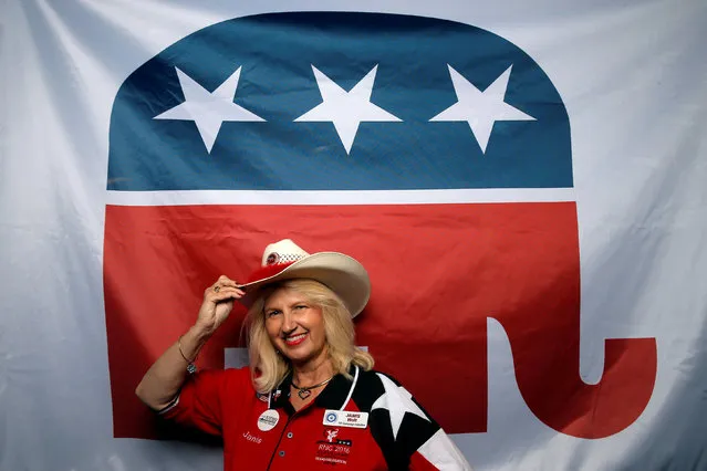 Janis Holt, delegate from Texas, poses for a photograph at the Republican National Convention in Cleveland, Ohio, United States July 19, 2016. Holt's message to the presidential nominee is: “Make America safe for my children and grandchildren”. (Photo by Jim Young/Reuters)