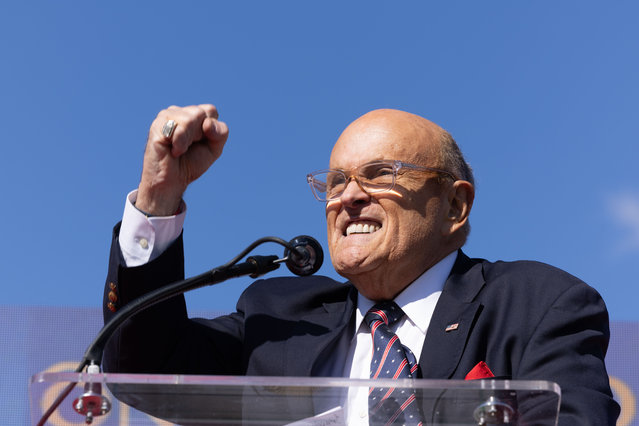 Former New York City Mayor Rudy Giuliani pumps his fist at the “Rally for a Free Iran” in Washington on March 8, 2025. (Photo by Larson Matuck/ZUMA Press Wire/Rex Features/Shutterstock)