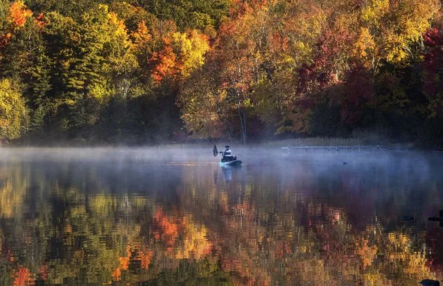 A fisherman in a kayak on Bass Lake is framed by fall colors in central Ontario, Monday, October 10, 2022. (Photo by Fred Thornhill/The Canadian Press via AP Photo)