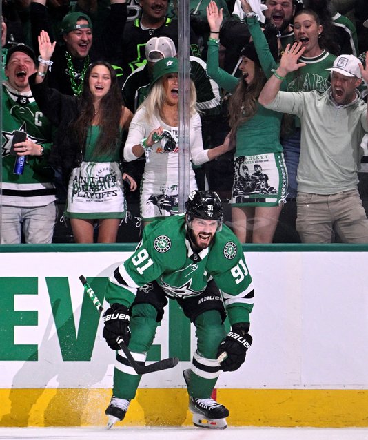Dallas Stars center Tyler Seguin (91) reacts after scoring a goal against Edmonton Oilers in the first period during game one of the Western Conference Final of the 2025 Stanley Cup Playoffs at American Airlines Center in Dallas, Texas on May 21, 2025. (Photo by Jerome Miron/Imagn Images)