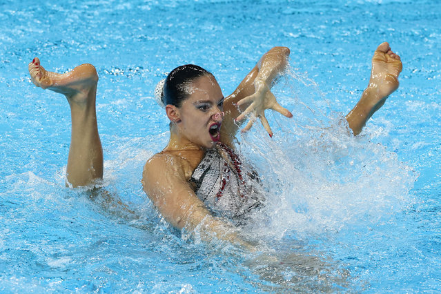 Maiia Doroshko and Tatiana Gayday of Team Neutral Athletes B compete in the Women's Duet Free Preliminaries on day 13 of the Singapore 2025 World Aquatics Championships at World Aquatics Championships Arena on July 23, 2025 in Singapore. (Photo by Yong Teck Lim/Getty Images)