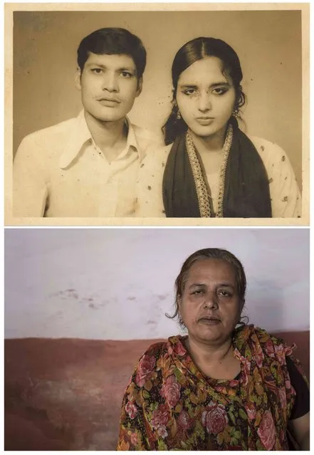 A combination picture shows Zubeida (R) with her husband Salim Rehman in an undated family photograph (top), and (bottom) Zubeida Bi alone in Bhopal on November 11, 2014. Bi said that Rehman died as a result of gas poisoning after the 1984 Bhopal disaster. (Photo by Danish Siddiqui/Reuters)