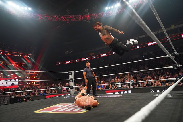 Jey Uso with an Uso Splash on LA Knight during Monday Night RAW at Ford Center on September 22, 2025 in Evansville, Indiana. (Photo by Rich Wade/WWE via Getty Images)