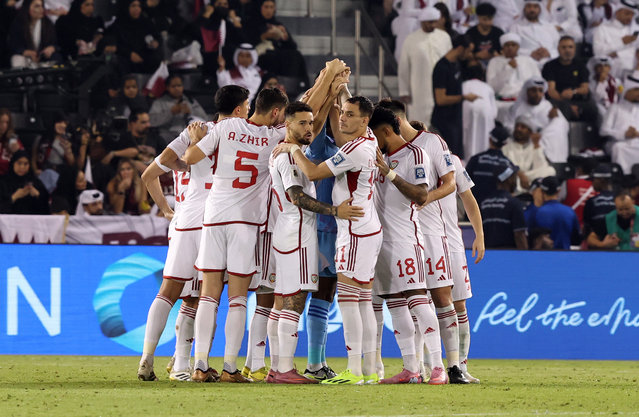 The UAE huddle during the UAE's game against Qatar in the Asian Qualifiers, Road to 26. Jassim Bin Hamed Stadium, Doha, Qatar on October 14, 2025. (Photo by Chris Whiteoak/The National)