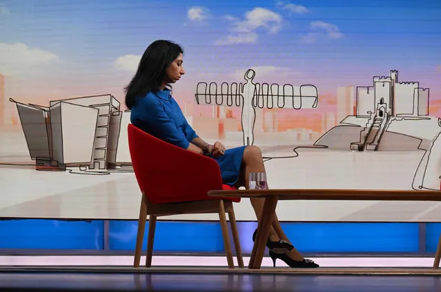 The home secretary, Suella Braverman, waits to appear on the BBC current affairs programme Sunday With Laura Kuenssberg in London, UK on April 2, 2023. (Photo by Jeff Overs/BBC bia PA Wire Press Association)