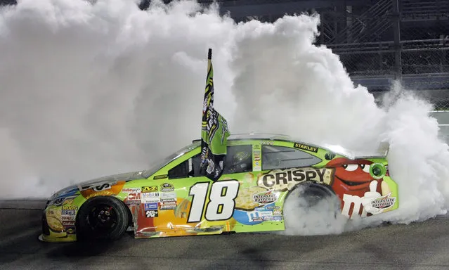 Kyle Busch  does a burnout after winning the NASCAR Sprint Cup Series auto race and the season title, Sunday, November 22, 2015, at Homestead-Miami Speedway in Homestead, Fla. (Photo by Darryl Graham/AP Photo)