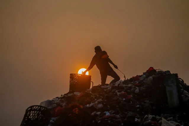 A man collects objects that can be resold shortly after garbage trucks had finished unloading early in the morning at the Galuga landfill in Bogor on May 25, 2023. (Photo by Aditya Aji/AFP Photo)