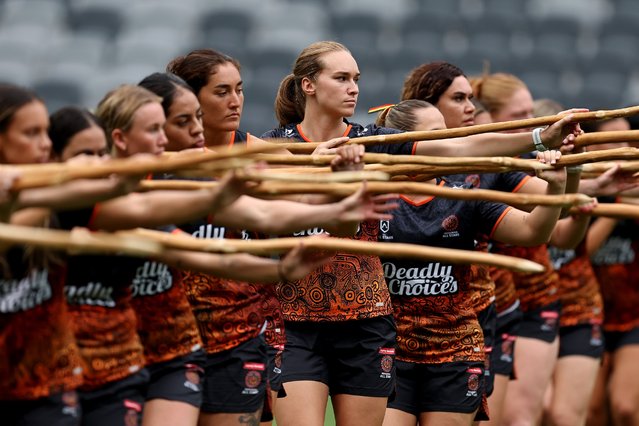 Kirra Dibb of the Indigenous Women's All Stars practises a Unity Dance along with her team mates during a NRL Indigenous All Stars Captains Run at CommBank Stadium on February 14, 2025 in Sydney, Australia. (Photo by Brendon Thorne/Getty Images)