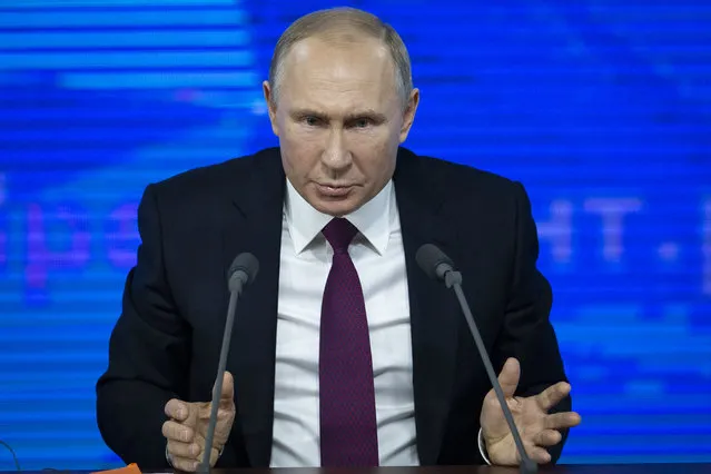 Russian President Vladimir Putin gestures during his annual news conference in Moscow, Russia, Thursday, December 20, 2018. Putin issued a chilling warning Thursday about the rising threat of a nuclear war, saying “it could lead to the destruction of civilization as a whole and maybe even our planet” – and putting the blame squarely on the U.S. (Photo by Alexander Zemlianichenko/AP Photo)