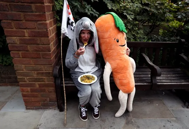 An Extinction Rebellion climate activist eats while sitting on a bench dressed as a bunny and holds a plush toy carrot during a protest in London, Britain on August 28, 2021. (Photo by Peter Nicholls/Reuters)