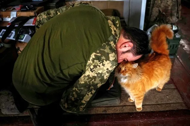 A Ukrainian serviceman of the 47th “Magura” Separate Mechanized Brigade plays with a cat, which his unit evacuated from a frontline, amid Russia's attack on Ukraine, at undisclosed location in Donetsk region, Ukraine on February 8, 2024. (Photo by Alina Smutko/Reuters)