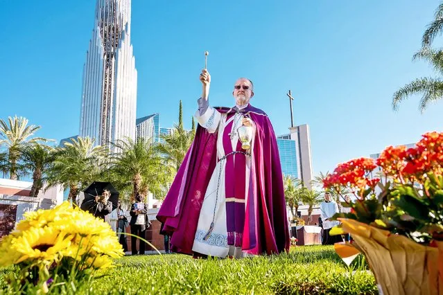 Bishop of Orange Kevin W. Vann blesses the Cathedral Memorial Gardens cemetery at Christ Cathedral in Garden Grove on Tuesday, November 2, 2021. The memorial gardens, created in 1991 under the Rev. Robert Schuller, underwent an $18.5-million expansion doubling the size size to 69,150 square feet. (Photo by Leonard Ortiz, Orange County Register/SCNG)
