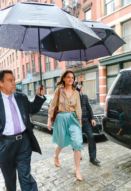 Actress Kate Holmes is seen walking Tribeca in the rain on April 22, 2019 in New York City. (Photo by Raymond Hall/GC Images)