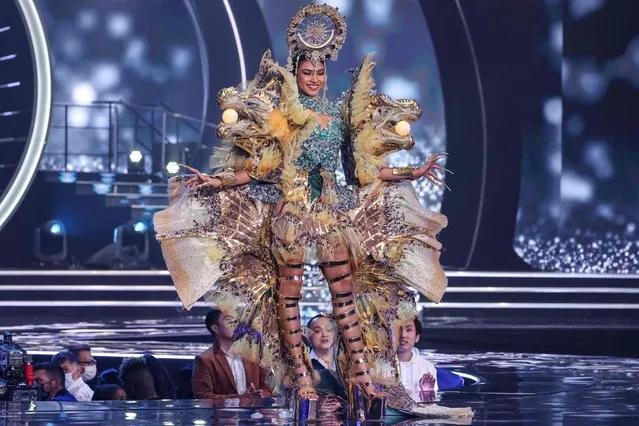 Miss Philippines, Beatrice Gomez, appears on stage during the national costume presentation of the 70th Miss Universe beauty pageant in Israel's southern Red Sea coastal city of Eilat on December 10, 2021. (Photo by Menahem Kahana/AFP Photo)