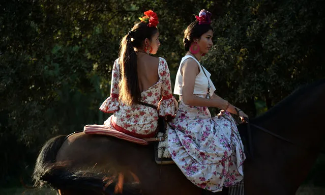 Pilgrims cross the Quema river on June 6, 2019 in Villamanrique, during a pilgrimage on their way to the village of El Rocio. El Rocio pilgrimage, the largest in Spain, gathers hundreds of thousands of devotees in traditional outfits converging in a burst of colour as they make their way on horseback and on board decorated carriages across the Andalusian countryside. (Photo by Cristina Quicler/AFP Photo)