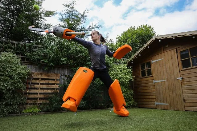 Team GB Hockey Goalkeeper and 2016 Olympic Gold Medalist Maddie Hinch trains at home on June 08, 2020 in Maidenhead, England. (Photo by Richard Heathcote/Getty Images)