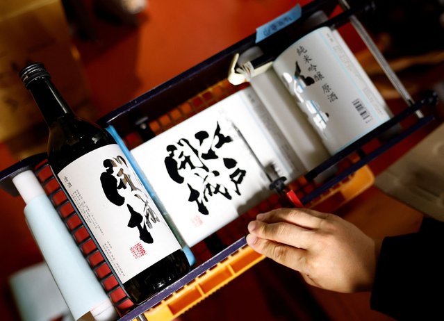 File Photo: A staff at Tokyo Port Brewing, works in the labeling process as a part of brewing sake, traditional rice wine, at the brewery in Tokyo, Japan on July 9,  2024. (Photo by Kim Kyung-Hoon/Reuters)