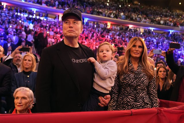 Elon Musk and former first lady Melania Trump listen as Republican presidential nominee former President Donald Trump speaks at a campaign rally at Madison Square Garden, Sunday, October 27, 2024, in New York. (Photo by Alex Brandon/AP Photo)