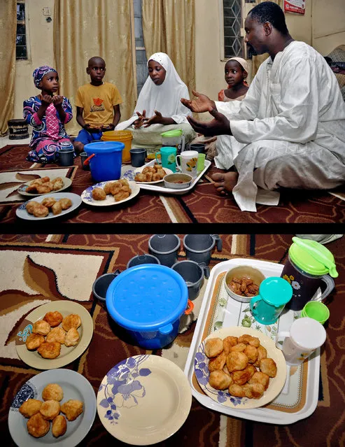 This combination of two photos taken on Saturday, July 5, 2014, shows a Muslim family saying prayers before breaking their fast, top, and their meal, bottom, during the holy month of Ramadan in Kano, Nigeria. Fasting is a physical and mental exercise meant to draw worshippers closer to God and increase empathy for the poor. (Photo by Sani Maikatanga/AP Photo)