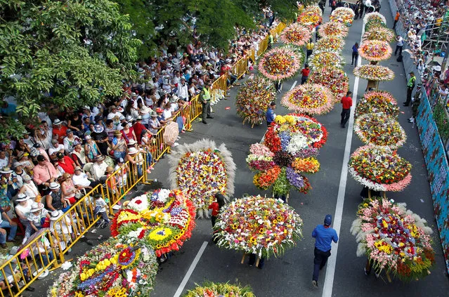 Flower growers known as silleteros carry their flower arrangements during the annual flower parade in Medellin, Colombia, August 7, 2017. (Photo by Fredy Builes/Reuters)