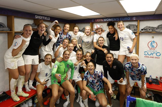 England players celebrate in the dressing room after their sides victory in the UEFA Women's Euro 2022 Semi Final match between England and Sweden at Bramall Lane on July 26, 2022 in Sheffield, England. (Photo by Lynne Cameron – The FA/The FA via Getty Images)