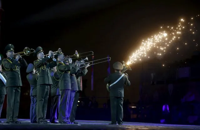 The Demonstration band of the Armed Forces of the Republic of Belarus practice during a rehearsal for the “Spasskaya Tower” international military music festival at Moscow's Red Square, September 4, 2015. (Photo by Maxim Zmeyev/Reuters)