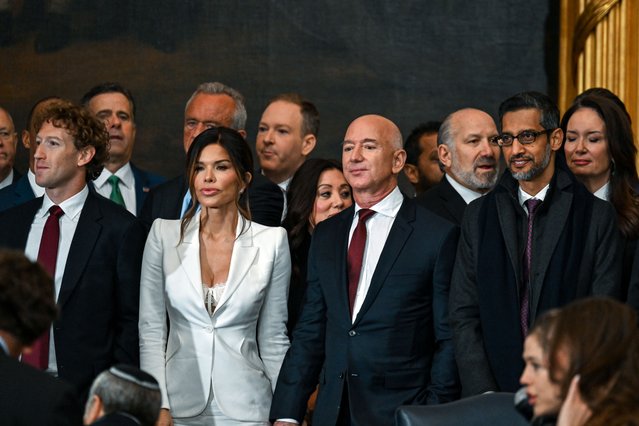 Meta CEO Mark Zuckerberg, Lauren Sanchez, Amazon founder Jeff Bezos and Google CEO Sundar Pichai attend the inauguration of U.S. President-elect Donald Trump in the U.S. Capitol Rotunda on January 20, 2025 in Washington, DC. Donald Trump takes office for his second term as the 47th President of the United States. (Photo by Kenny Holston-Pool/Getty Images)