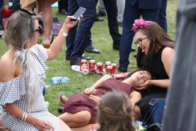 After a long day at the races, this patron has a nap while her friends decide to mark the occasion for posterity during Caulfield Cup Day at Caulfield Racecourse on October 21, 2017 in Melbourne, Australia. (Photo by Splash News and Pictures)