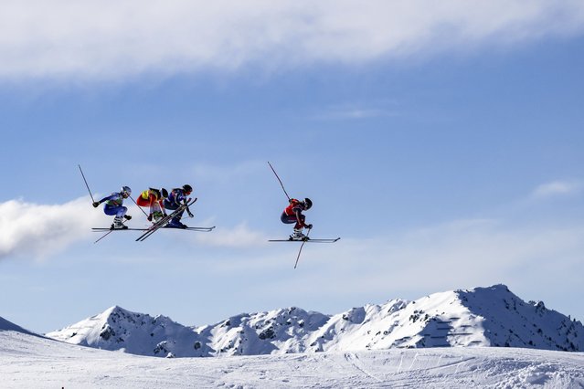 From left, Jole Galli of Italy, Isabelle Zippert of Switzerland, Uma Kruse Een of Sweden and India Sherret of Canada in action during the quarterfinal of the women's Ski Cross event at the FIS Ski Cross, SX, World Cup, in Veysonnaz, Switzerland, Saturday, February 1, 2025. (Photo by Jean-Christophe Bott/Keystone via AP Photo)