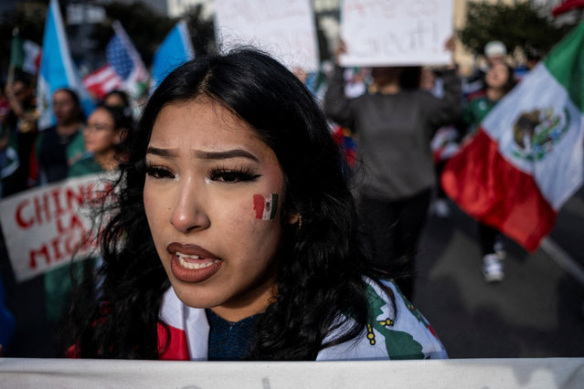 Arleth Navarro marches during a protest against the arrests and deportations of migrants by U.S. government agencies in Los Angeles, California, U.S. February 3, 2025. (Photo by Joel Angel Juarez/Reuters)