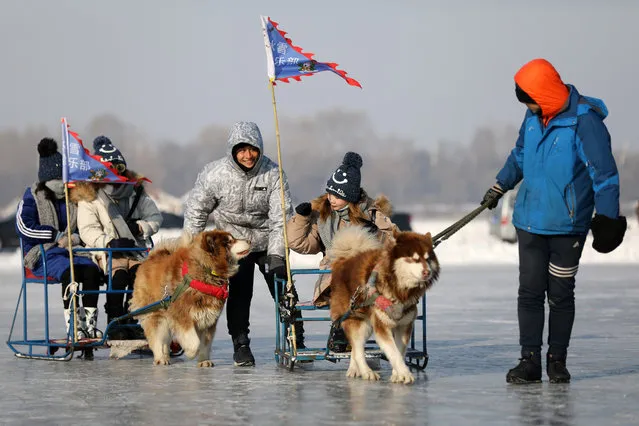 Chinese men pull tourists on a dog sleds on the frozen Songhua River in Harbin city, Heilongjiang province, China, January 4, 2018. (Photo by Wu Hong/EPA/EFE/Rex Features/Shutterstock)