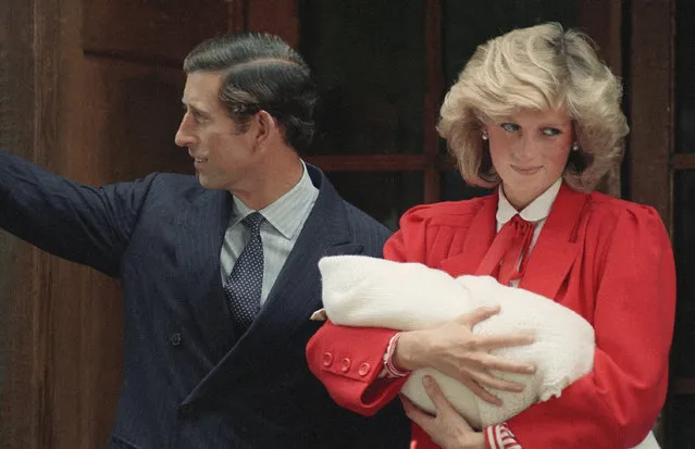 The Prince and Princess of Wales, Prince Charles and Princess Diana leave St. Mary's Hospital in Paddington, London with their new baby son on September 16, 1984. Princess Diana carries new baby,  Prince Harry who was born on Sept. 15. (Photo by AP Photo)