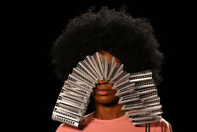 A model presents a creation by the Colombian Bemonocromo brand during Bogota Fashion Week in Bogota on May 22, 2024. Be (Photo by Raul Arboleda/AFP Photo)