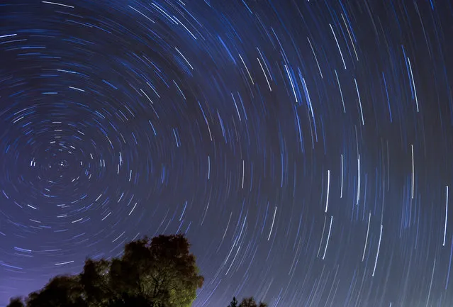 A 35-minute-long exposure shows stars trailing across the sky over the mountain home Karadzica, some 40km. south- west from the capitol Skopje, The Former Yugoslav Republic of Macedonia early on 07 November 2015. (Photo by Georgi Licovski/EPA)