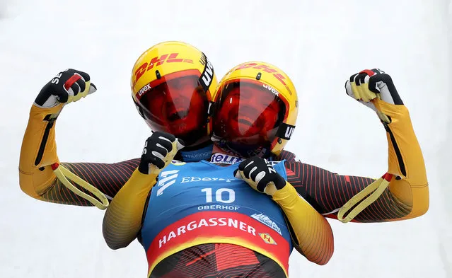 Toni Eggert and Sascha Benecken of Germany celebrate winning the gold medal during the Men's Doubles Run 2 during day 2 of the FIL Luge World Championships on January 28, 2023 in Oberhof, Germany. (Photo by Martin Rose/Getty Images)