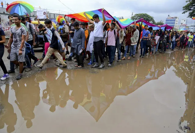 Members and supporters of lesbian, gay, bisexual and transgender community, hold a large rainbow flag as they walk past a puddle of rain water during a 'Pride March' rally in Bangalore, India, Sunday, November 22, 2015. Gay rights supporters waved flags and danced past traffic during the march to celebrate gay pride and to push for the repeal of a colonial-era law that makes homosexuality a crime. (Photo by Aijaz Rahi/AP Photo)