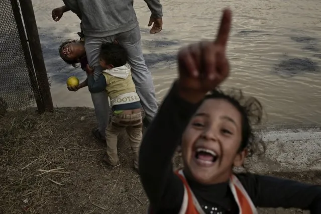 An Egyptian man and children who live on Dahab Island play in front of the Nile River as the water appears a murky brown color due to flooding in southern provinces, in Cairo, Egypt, Tuesday, November 1, 2016. The Nile's water this week turned a murky brown-yellow color, the result of days of heavy rain in parts of the country and subsequent flooding that eroded the surface of lime hills and mountains and swept them into the waterway. (Photo by Nariman El-Mofty/AP Photo)
