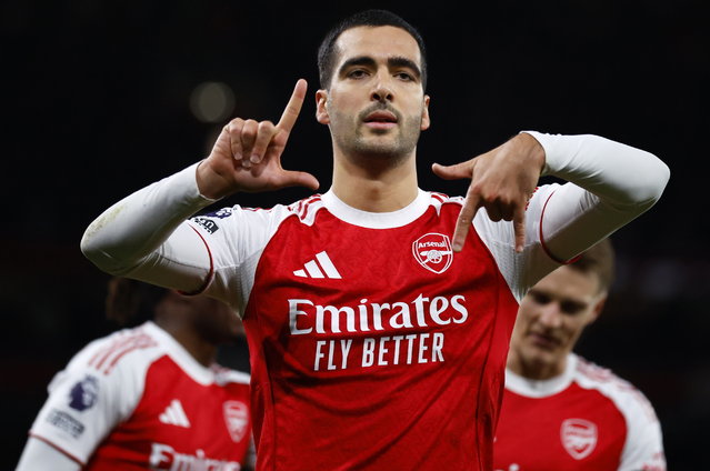 Arsenal's Mikel Merino celebrates scoring the 1-0 goal during the English Premier League match between Arsenal and Brentford in London, Great Britain, 03 December 2025. (Photo by Tolga Akmen/EPA)