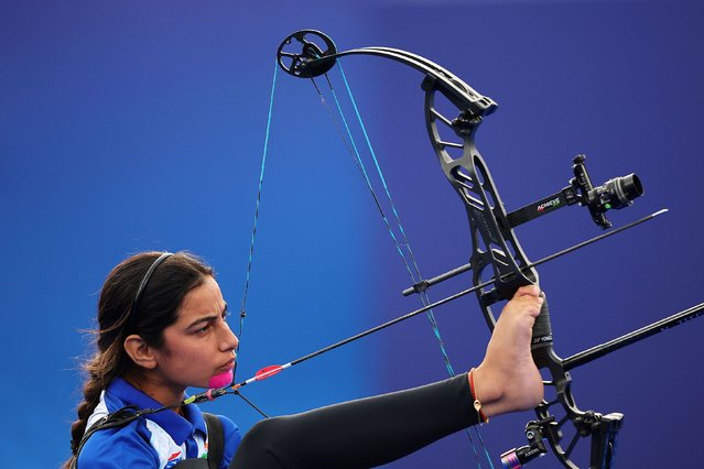 Sheetal Devi of Team India competes against Mariana Zuniga of Team Chile (not pictured) during the Women's Individual Compound Open 1/8 Elimination Match 49 on day three of the Paris 2024 Summer Paralympic Games at Esplanade Des Invalides on August 31, 2024 in Paris, France. (Photo by Alex Slitz/Getty Images)