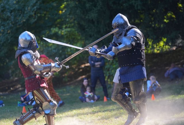 Central Park hosts, New York City's premiere medieval event, the gladiators fight on Saturday, October 12, 2024. The park becomes an impromptu battlefield where combatants of Gladiators NYC are in full medieval armor. (Photo by Selcuk Acar/Anadolu via Getty Images)